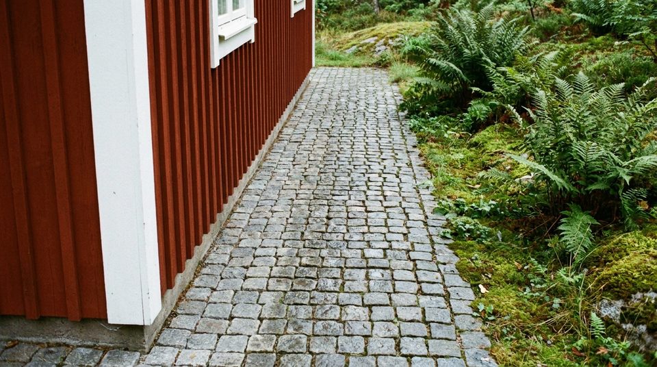 Marksten längs husvägg