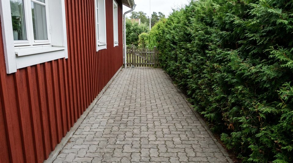 Marksten längs husvägg