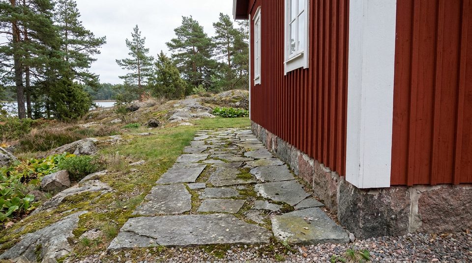 Marksten längs husvägg
